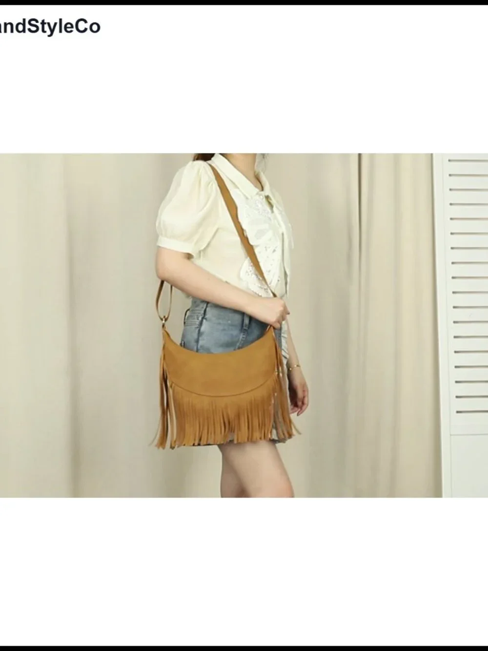 Fringe Crescent Crossbody Hobo Purse Vegan Suede Lightweight Multi Pockets